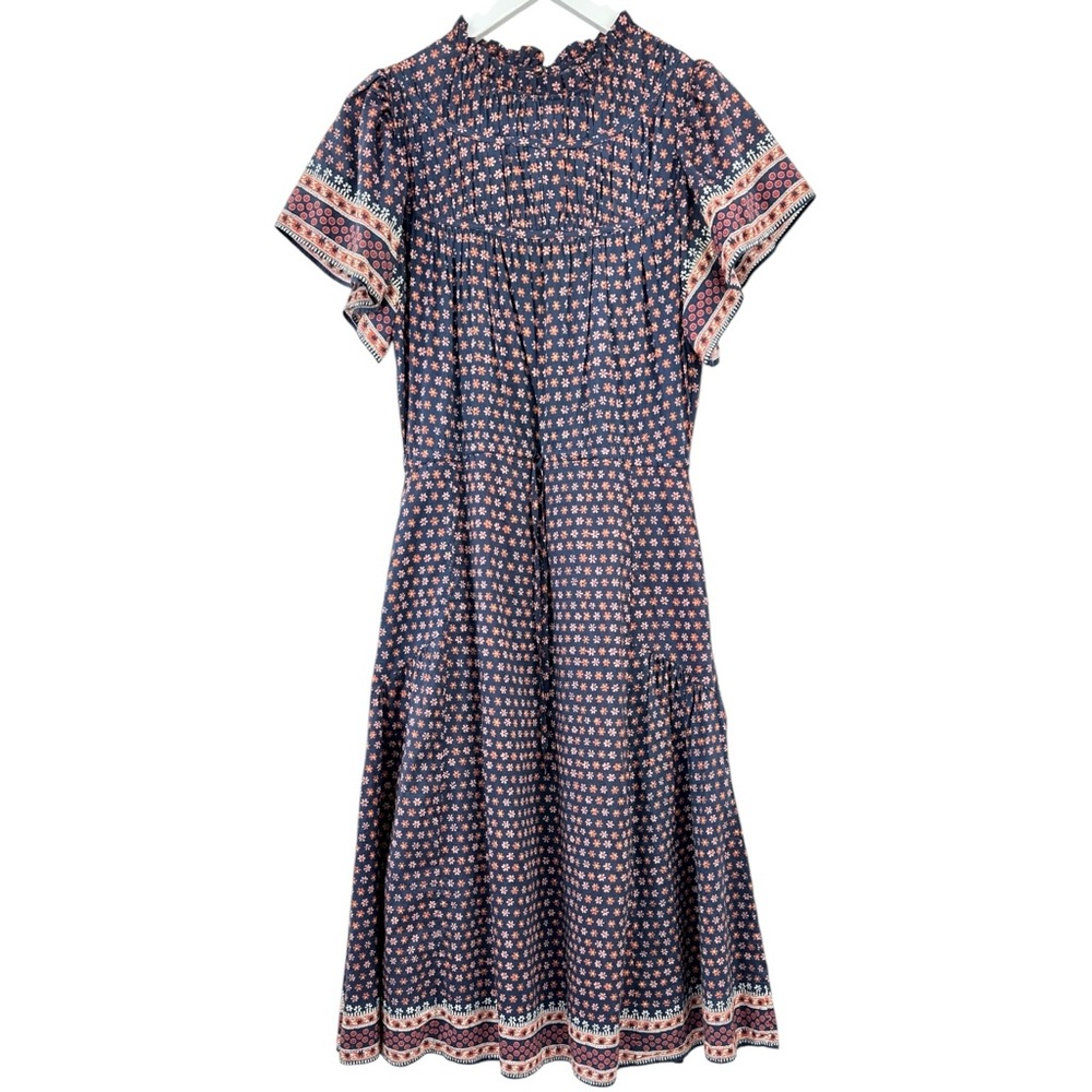 NWOT TROVATA Nancy Blue Orange Red Floral Cotton Silk Flutter Sleeve Midi Dress